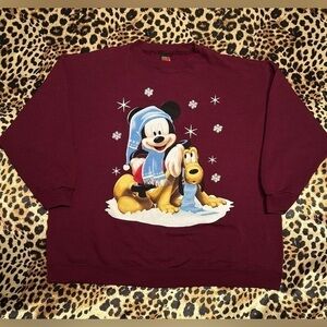 Vintage Mickey Unlimited Winter Themed Burgundy Crewneck Sweatshirt